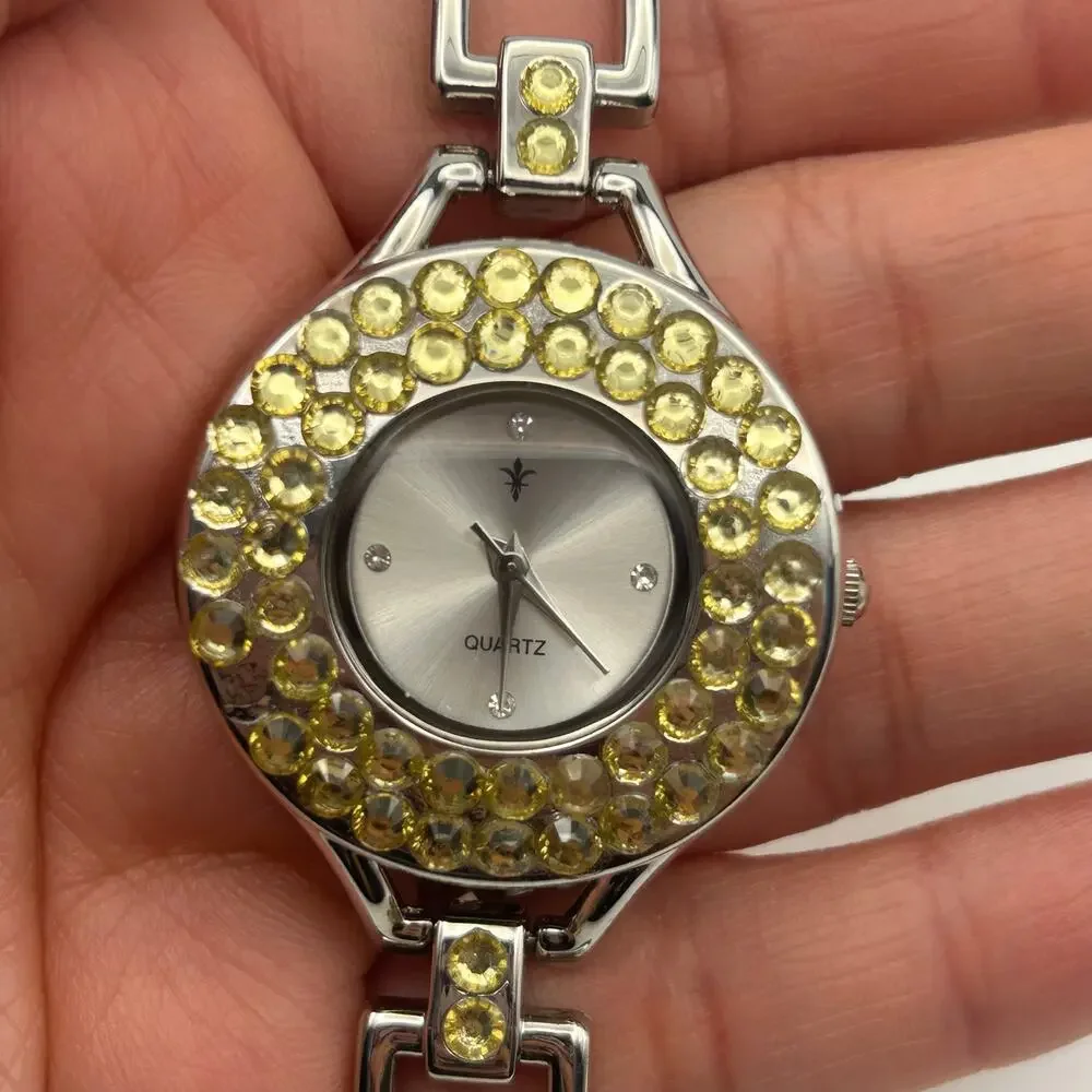 Womens Silver Tone Quartz Watch with Yellow Rhinestone/Crystal Bezel New Battery - Picture 7 of 8